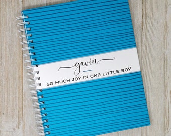 Baby Memory Book - Hard Cover First Year Baby Journal - Personalized Baby Book - Baby Boy - Blue Stripes