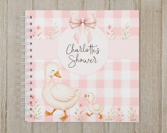 Baby Shower Guest Book - Softcover Personalized Shower Keepsake Book - Mama and Baby Goose on Pink Gingham - A Silly Goose is on the Way