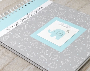 Baby Memory Book (5 Center Designs) - Hardcover Personalized First Year Baby Book for Boys - Blue Elephants