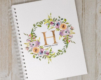 Baby Memory Book for Girls - Hardcover Personalized First Year Baby Journal - Baby Girl Book - Flowers - Rose Wreath Initial