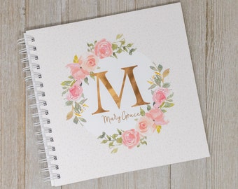 Baby Memory Book for Girls - Softcover Personalized First Year Baby Journal - Baby Girl Book - Flowers - Floral Wreath Initial