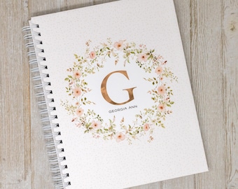 Baby Memory Book for Girls - Hardcover Personalized First Year Baby Journal - Baby Girl Book - Floral Flowers - Wild Rose Wreath Initial