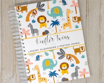 Jungle Twin Baby Memory Book - Hardcover Personalized Safari Animal Baby Book for Twins -  Twin Boy or Twin Girl Book - Jungle Friends