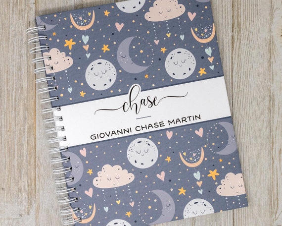 First Year Baby Book - Baby Journal - Personalized Hardcover Baby Memory Book - Baby Boy or Girl - Moon & Stars