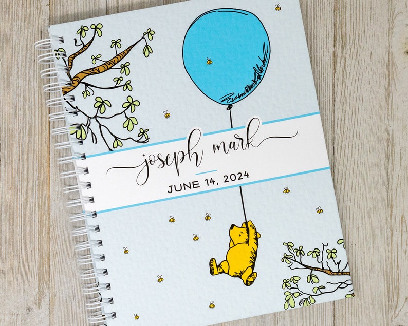 Winnie the Pooh Baby Book Hardcover First Year Baby Journal Personalized Baby Memory Book Baby Boy Classic Pooh with Blue Balloon image 1