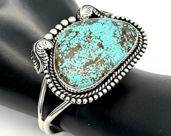 Number 8 Spiderweb Turquoise Bracelet&gt;Nevada Mined&gt;Adjustable&gt;Antiqued  Sterling Fine Silver&gt;5.75 Inch ID&gt;Made in USA
