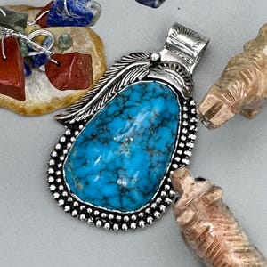Kingman Dark Blue Turquoise Double Wrapped Pendant&gt;Black Matrix&gt;Large Antiqued Sterling/Fine Silver&gt;Southwest Necklace&gt;Handmade in USA