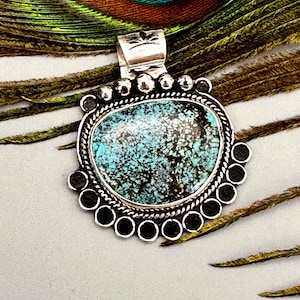 Blue Spiderweb Turquoise Pendant&gt;Antiqued Sterling/Fine Silver