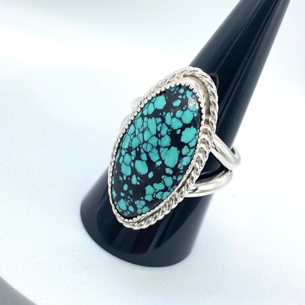 REDUCED PRICE-Hubei Spiderweb Turquoise Ring Sterling/Fine Silver China Turquoise Statement Size 10.5
