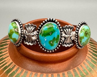 Sonoran Mountain Polychrome Turquoise Cuff Bracelet&gt;Antiqued Sterling/Fine Silver&gt;3 Stone&gt;Southwest&gt;Made in USA&gt;Gift for Her&gt;Bangle Bracelet