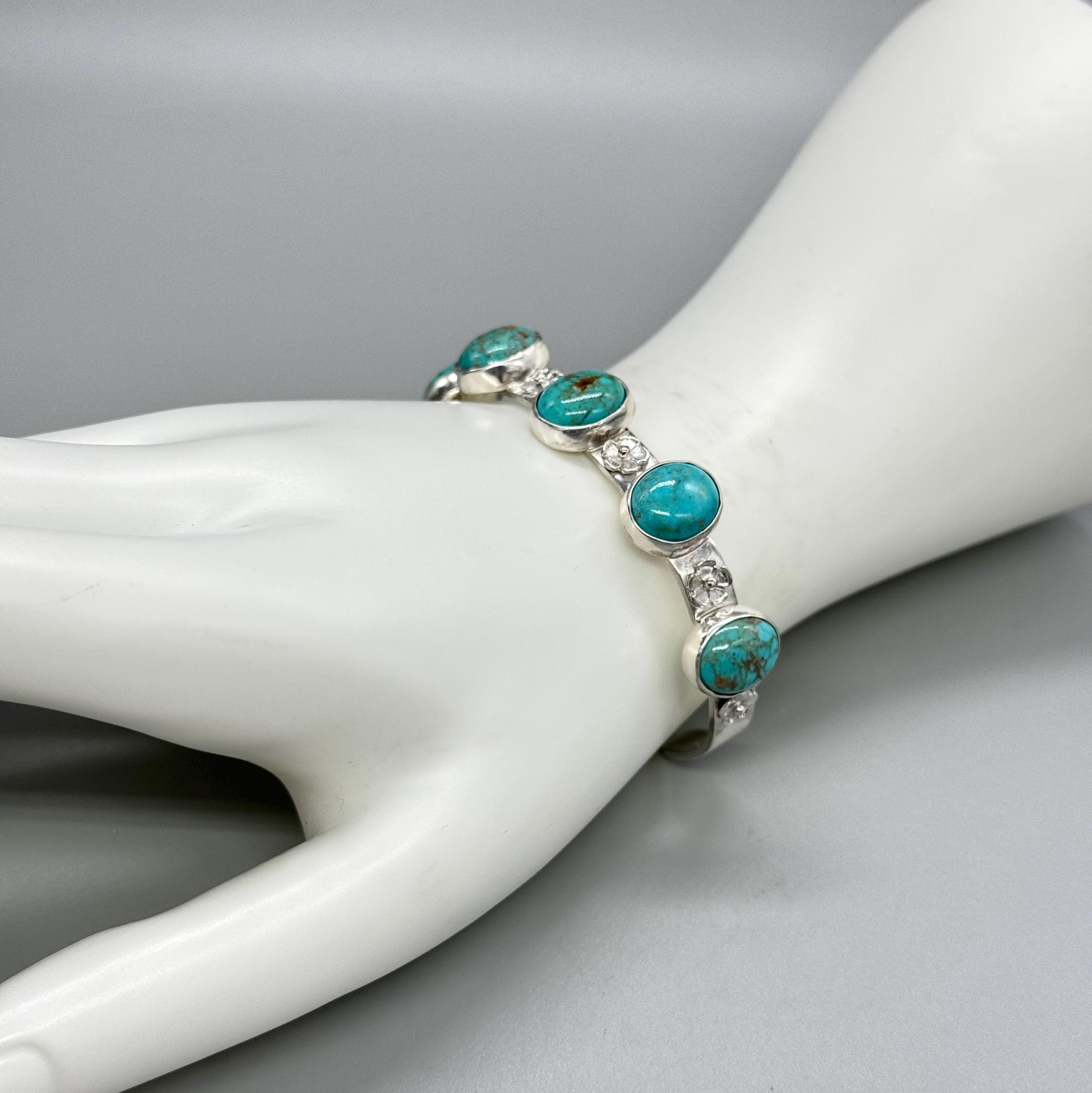 Kingman Turquoise Cuff Bracelet>Sterling/Fine Silver>5 Stone Southwest Cuff Bracelet>Made in USA>Southwest Boho Gift Jewelry