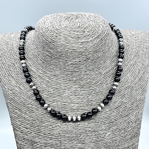 Oxidized Black Onyx & Sterling Silver Beaded Necklace: Southwest Style 19 Inch