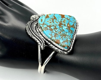 Kingman Polychrome Spiderweb Turquoise Cuff Bracelet&gt;Antiqued Sterling/Fine Silver&gt;High Grade Southwest Freeform 6 inch&gt;Handmade in USA