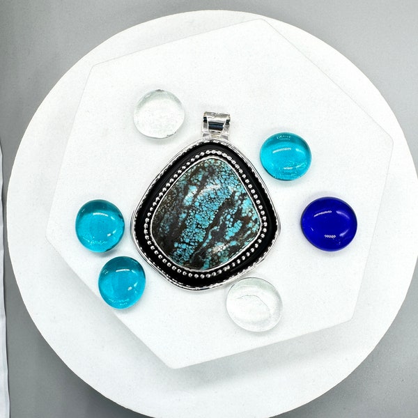 Number 8 Mine Turquoise Shadowbox Pendant>Nevada Freeform>Sterling/Fine Silver>Antiqued Real Turquoise>GREAT FIND