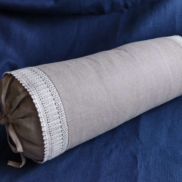 Bolster Neckroll Pillow Case - Cover - Slipcover Decorated with Lace. For Cylindrical Pillow  Natural Linen. Size and color options.