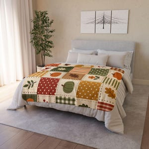 Autumn Patchwork Pumpkin Leaf Pattern Blanket | Fall Fleece Sherpa Blanket | Cozy fall blanket