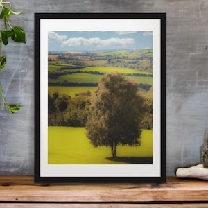 May include: A framed landscape print featuring a solitary tree in a vibrant green field, with rolling hills and a blue sky with white clouds in the background. The artwork is displayed in a black frame with a white mat, set against a gray wall.
