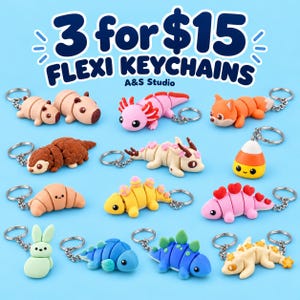 Puede incluir: Una colección de doce llaveros articulados con formas de animales y comida, incluyendo capibara, ajolote, zorro, pangolín, dragón, dulce, croissant, dinosaurio, conejo, pez y criatura con estrellas, con el texto 3 for $15 FLEXI KEYCHAINS A&S Studio.