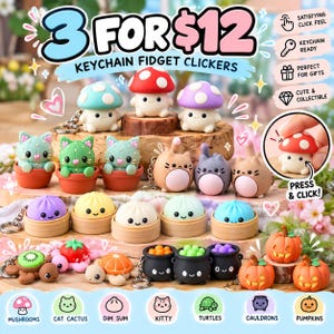 May include: A collection of small, colorful keychain fidget clickers featuring various designs including mushrooms, cat cacti, dim sum, kittens, turtles, cauldrons, and pumpkins. Each figure has a smooth surface and a press-and-click mechanism.