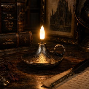 Puede incluir: Un candelabro de metal negro y dorado con acabado desgastado, asa circular y una bombilla LED blanca en forma de llama. La base es ancha y poco profunda, con una textura envejecida que contrasta con la luz brillante que emite la bombilla.