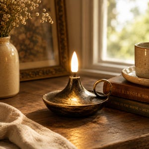 Peut inclure: Une lampe à huile métallique avec une finition dorée sombre et vieillie, dotée d'une poignée circulaire. La lampe présente une ampoule LED centrale en forme de flamme blanche et lumineuse. La base est large et peu profonde, s'affinant au centre.