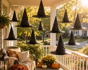24PC Hanging Witch Hat Halloween Decor, Floating Black Witch Hats, Spooky Cute Halloween Home Decoration, Witchy Fall Indoor Decor