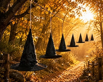 24PC Hanging Witch Hat Halloween Decor, Floating Black Witch Hats, Halloween Hanging Decorations, Spooky Cute Fall Home Decor, Witchy Decor