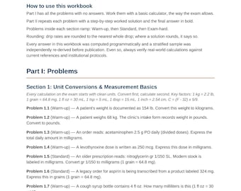 Pharmacy Calculations Workbook Printable | 138 Practice Problems with Worked Solutions | NAPLEX Math Practice PDF