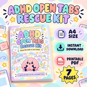 Puede incluir: Un planificador digital titulado ADHD Open Tabs Rescue Kit con un personaje de cerebro de dibujos animados rodeado de iconos de pestañas de navegador. La portada incluye el texto Close the tabs in your head y A gentle printable reset.