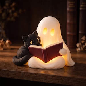 May include: A white, glowing ghost figurine sitting and reading an open dark red book. A small, textured black cat with large eyes sits beside the ghost, looking at the book. The ghost has two oval-shaped cutouts for eyes that emit a warm light.