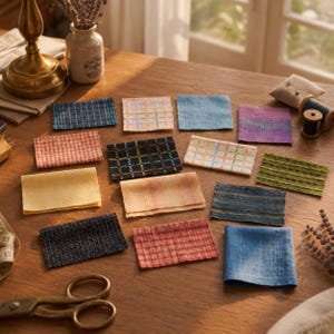 May include: A collection of rectangular fabric swatches in various colors and patterns, including plaid, checkered, and solid weaves. The swatches are arranged on a wooden surface alongside a pair of metal scissors and a measuring tape.