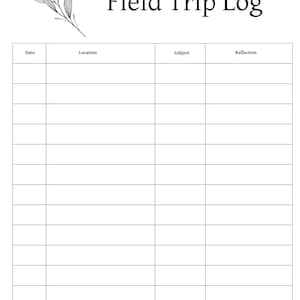Può includere: Un modello di registro per gite scolastiche su carta bianca con un disegno a linee nere di un ramo frondoso nell'angolo in alto a sinistra. Il titolo Field Trip Log è stampato in nero. Sotto, una tabella contiene quattro colonne etichettate Date, Location, Subject e Reflection.