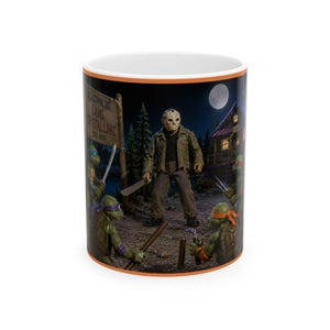May include: A white ceramic mug with an orange rim featuring a graphic of four green turtle figures with colored masks and a hockey-masked figure holding a machete. A wooden sign reads Welcome to Camp Crystal Lake Est 1935 under a full moon.
