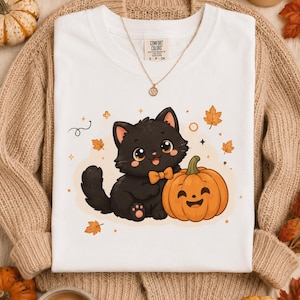 Kawaii Black Cat with Pumpkin T-shirt | Halloween Fall Cute Cat Tee