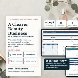 May include: A digital business management system for beauty professionals, featuring an executive dashboard on a tablet and smartphone. The interface displays net revenue of $2,658, 16 bookings, and 6 active clients, with text detailing 25 connected tabs.