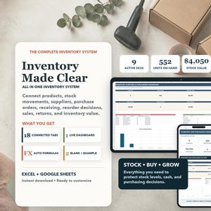 May include: A digital inventory management system for Excel and Google Sheets titled Inventory Made Clear. The display shows 18 connected tabs, a live dashboard, auto formulas, and two templates. A tablet and smartphone show data dashboards.