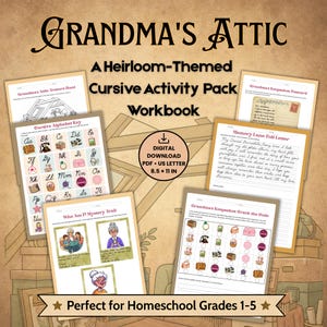 May include: A digital cursive activity pack workbook titled Grandma's Attic, featuring multiple printable pages with cursive alphabet keys, mystery trails, and letter writing exercises. The pages are designed for standard A4 or US letter paper sizes.