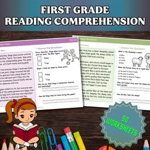 May include: First Grade Reading Comprehension educational worksheets featuring two distinct stories with reading passages, multiple-choice questions, and true or false prompts. Includes a cartoon illustration of a child reading a book and 50 worksheets.