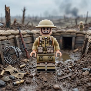 Puede incluir: Una minifigura de soldado de juguete de plástico con uniforme color canela y casco Brodie, con un torso impreso con bolsillos y una granada. La figura tiene una expresión facial determinada y se encuentra en una trinchera embarrada con alambre de espino.