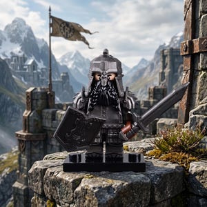 Könnte beinhalten: Eine Kunststoff-Minifigur eines Kriegers mit langem schwarzem Bart, die einen metallisch grauen Helm und eine passende Rüstung trägt. Die Figur hält ein graues Schwert in der einen und einen Schild in der anderen Hand auf einem schwarzen Sockel.