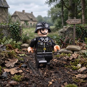 May include: A plastic minifigure wearing a black helmet with a grid pattern and a black uniform featuring white trim, a dark green vest with multiple pockets, and a gold belt buckle. The figure has a stern facial expression and is standing on dirt.