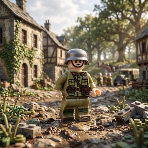 May include: A plastic toy soldier minifigure wearing a grey helmet and olive green uniform with a brown belt and pouches. The figure stands on a textured ground surface with scattered plastic building blocks in a village setting.