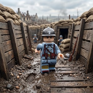 May include: A plastic toy soldier minifigure wearing a grey helmet and light blue uniform with brown straps and pouches, standing in a muddy trench constructed of wooden planks and sandbags, with other figures visible in the background.