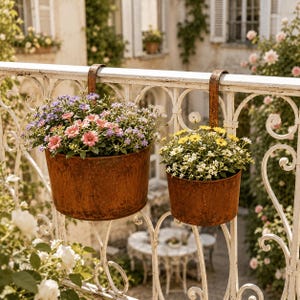 Könnte beinhalten: Zwei zylindrische, rostfarbene Metallpflanzgefäße mit gebogenen Haken zum Aufhängen an einem Geländer. Der größere Topf enthält rosa und violette Blumen, während der kleinere Topf mit gelben und weißen Blumen bepflanzt ist.