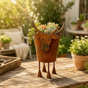 Peut inclure: Un pot de fleurs en métal couleur rouille en forme de taureau avec des cornes, reposant sur quatre pieds fins. Le pot est rempli d'une variété de plantes succulentes vertes et rose clair, dont une plante collier de perles tombante sur le côté.