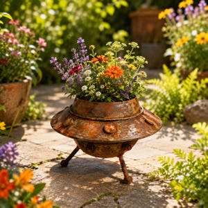 Könnte beinhalten: Ein rostiger Metall-Pflanzkübel in Form einer fliegenden Untertasse mit drei Beinen, gefüllt mit einer Vielzahl bunter Wildblumen, darunter violetter Lavendel, orangefarbene Gänseblümchen und kleine weiße Blüten.