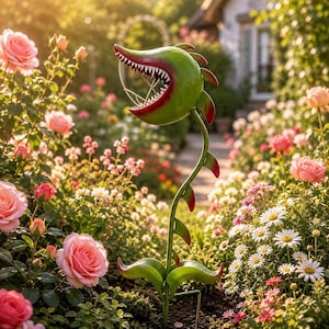 Può includere: Un picchetto da giardino verde scolpito a forma di pianta carnivora con una bocca spalancata, denti bianchi affilati e foglie con punte rosse lungo il gambo sottile, posizionato verticalmente in un'aiuola di rose rosa e margherite bianche.