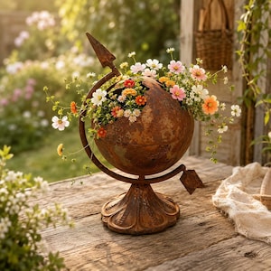Op de afbeelding: Een roestkleurige metalen wereldbol-plantenbak met een decoratieve voet en een pijl-vormige as. De uitgeholde bol is gevuld met diverse kleine witte, oranje en roze bloemen. Het object heeft een verweerde, bruine, geoxideerde afwerking.