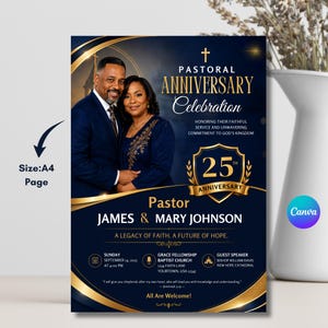 May include: A navy blue and gold A4 pastoral anniversary celebration flyer featuring a photograph of a couple, the text Pastor James & Mary Johnson, 25th anniversary emblem, event details for September 14, 2025, and a scripture verse.