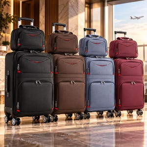 May include: Four sets of upright rolling luggage, each consisting of a large suitcase and a matching smaller carry-on bag. The sets are colored black, brown, blue, and maroon, all featuring red accents on the front pockets and zippers.